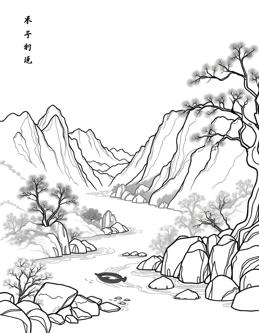 Traditional Chinese painting style river and mountains