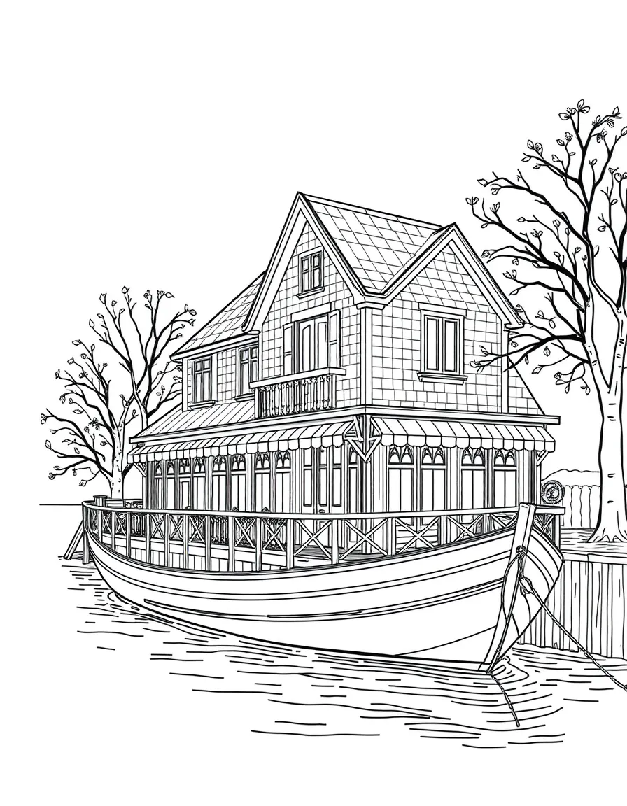 River boathouse with detailed architecture