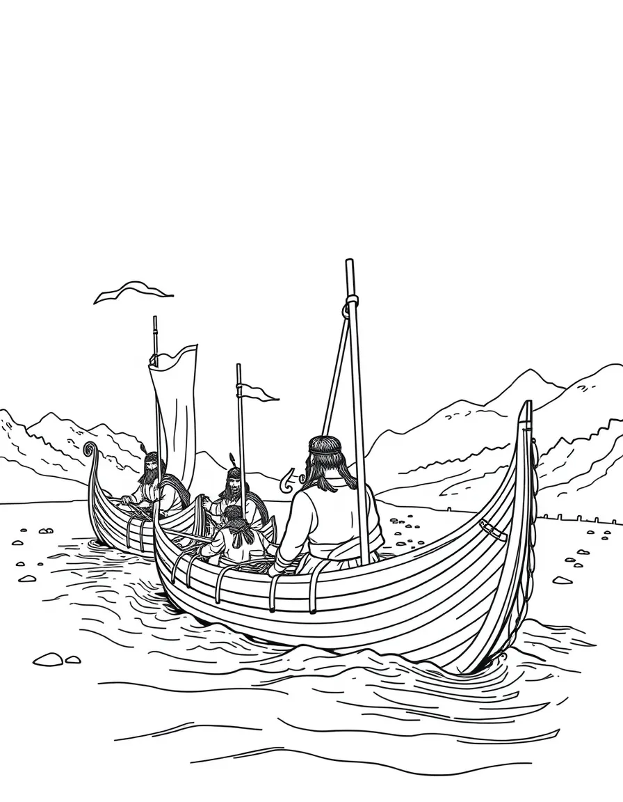 Viking longboats navigating northern river