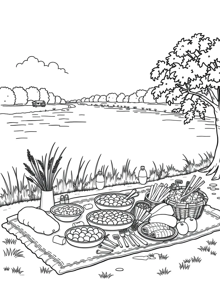 Riverbank picnic scene with detailed food spread