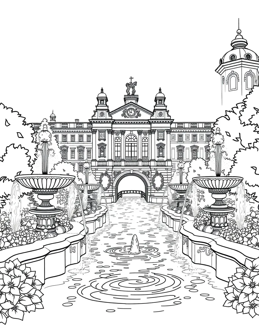 Ornate fountains feeding into palace river