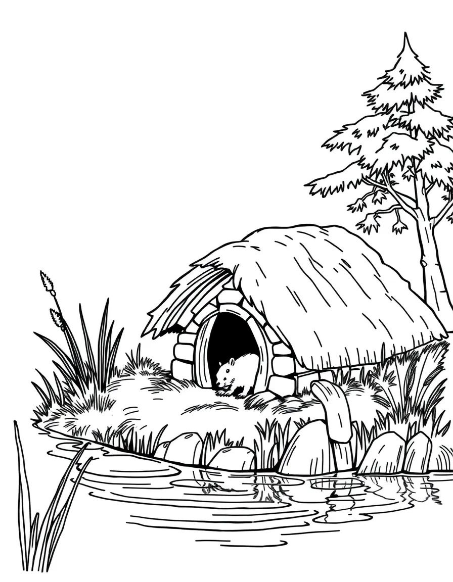 Muskrat building home on riverbank