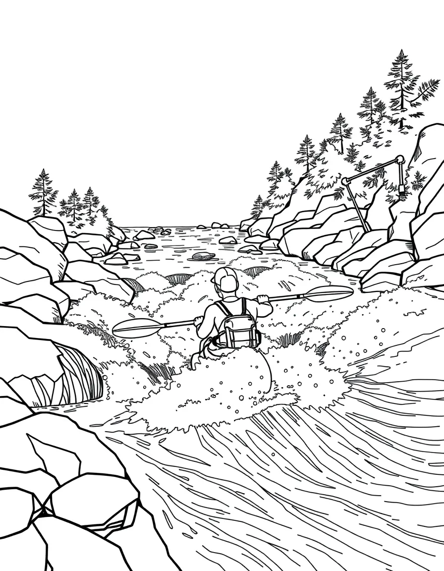 Kayakers navigating challenging river rapids