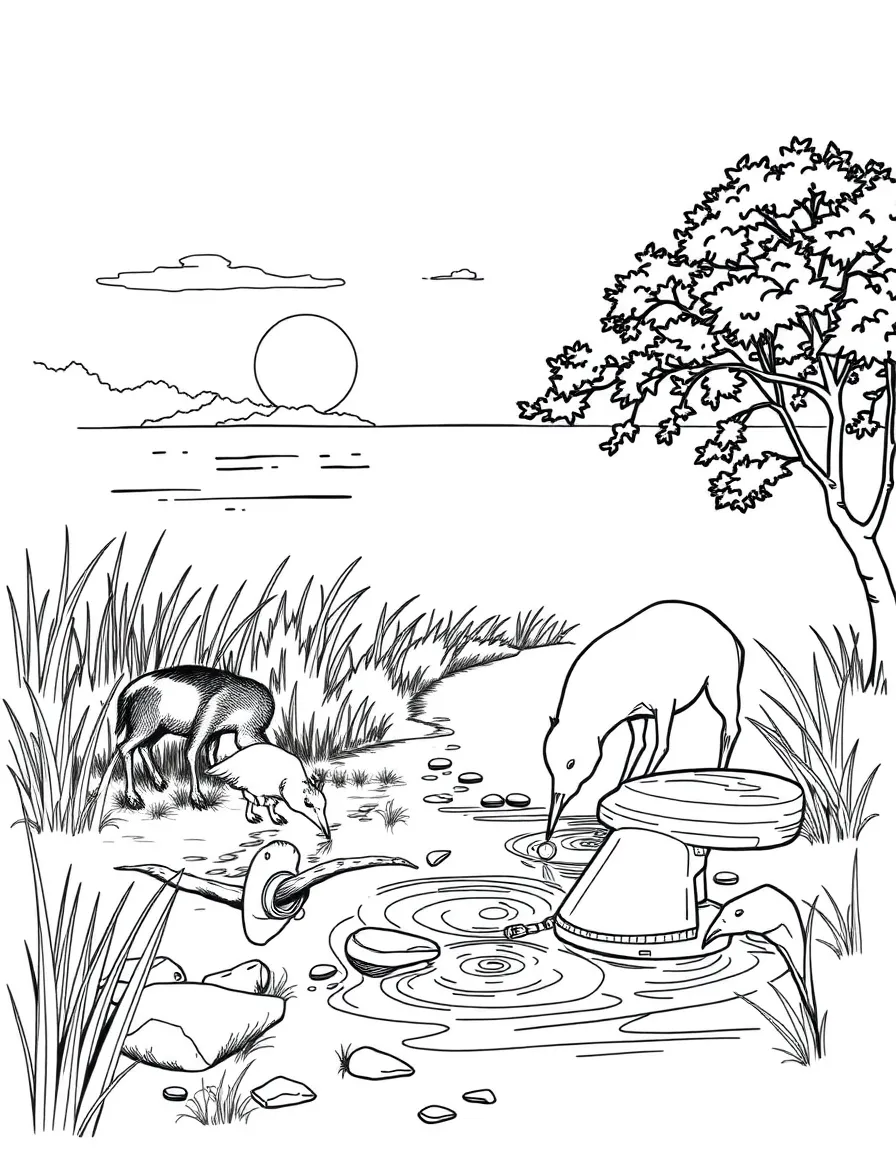 Riverbank wildlife drinking at dawn