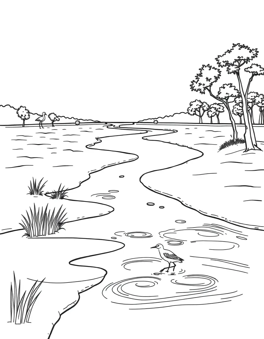 River with sandbars and wading birds