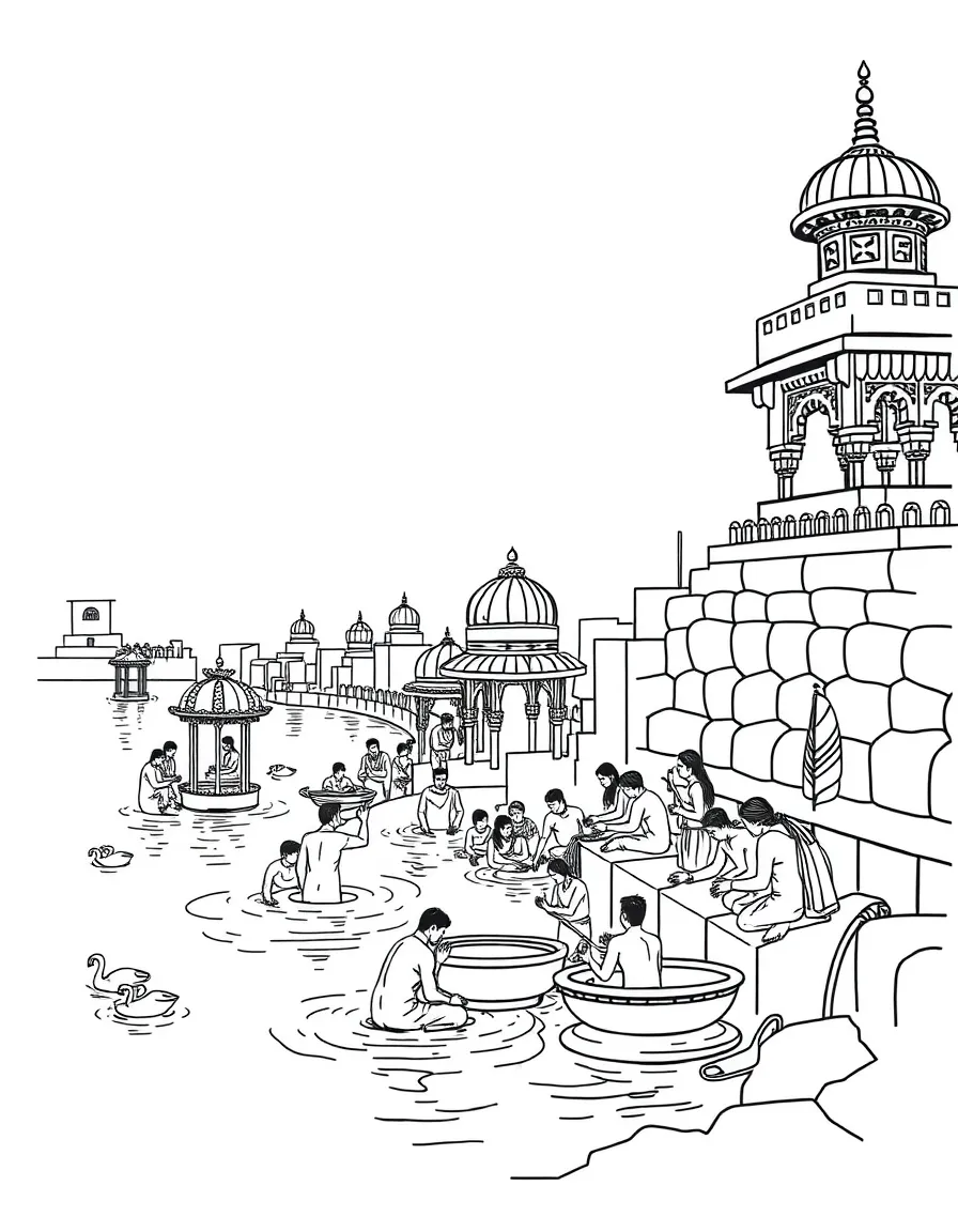 River bathing ghats with ceremonial activities