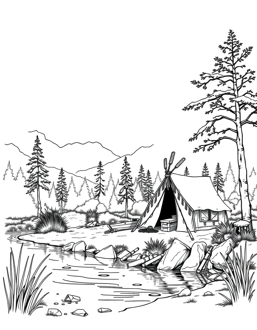 Native American fishing camp on river edge