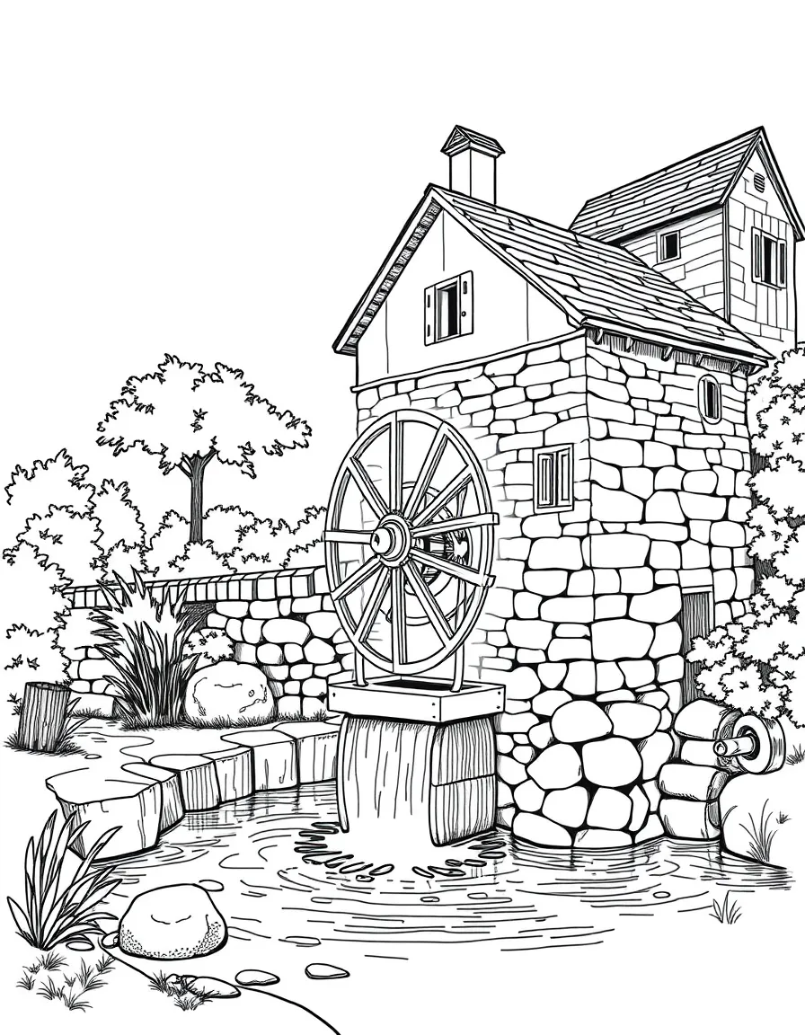Ancient water mill with working mechanism on river