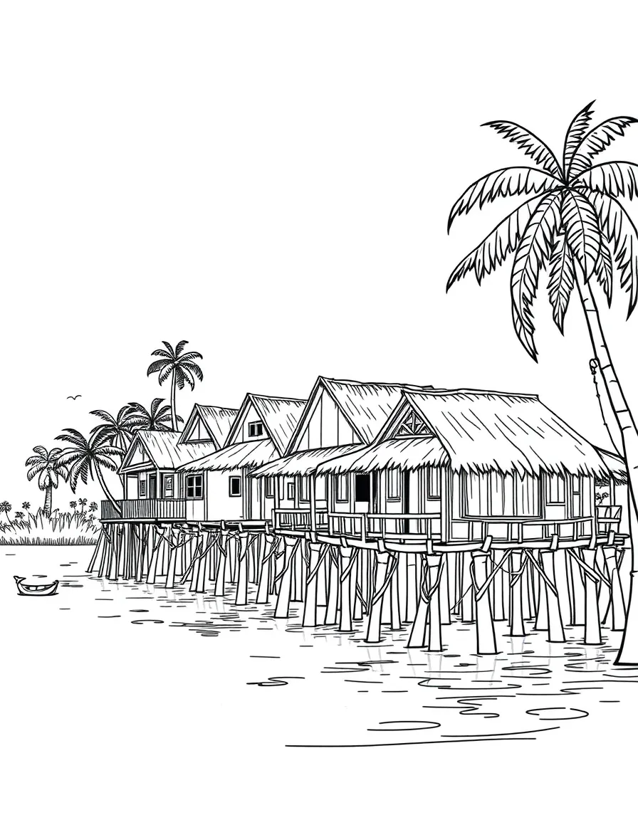Amazon river village on stilts above water