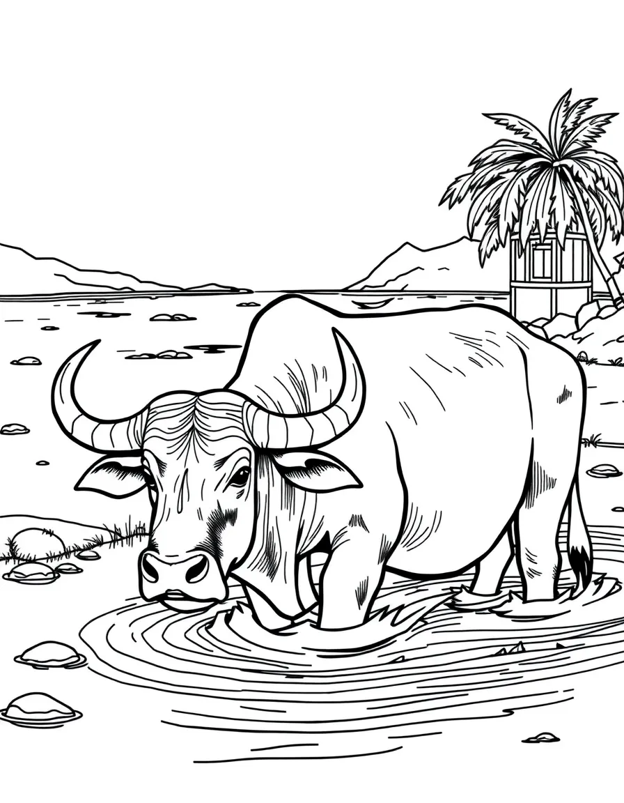Water buffalo in Asian river with farmer