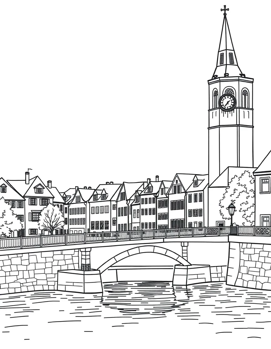 River town with bridge and clock tower