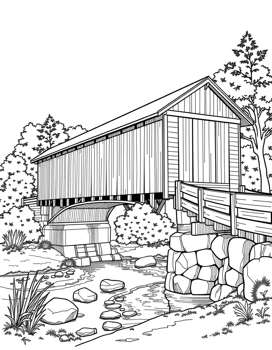 Covered bridge over river with detailed construction