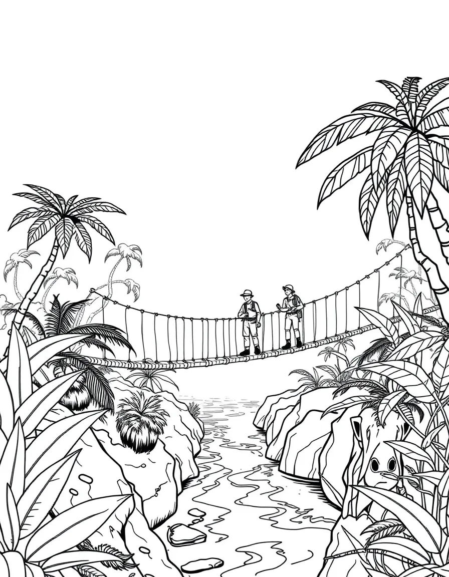 Rope bridge over jungle river with explorers