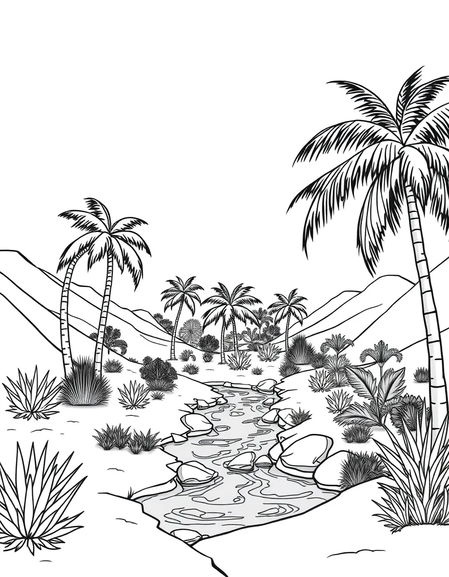 Desert oasis with river feeding palm grove