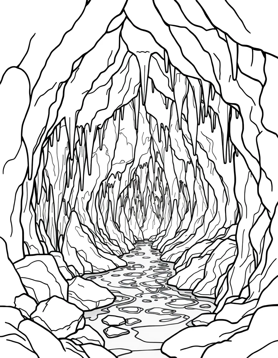 Crystal cave river with stalactites and stalagmites