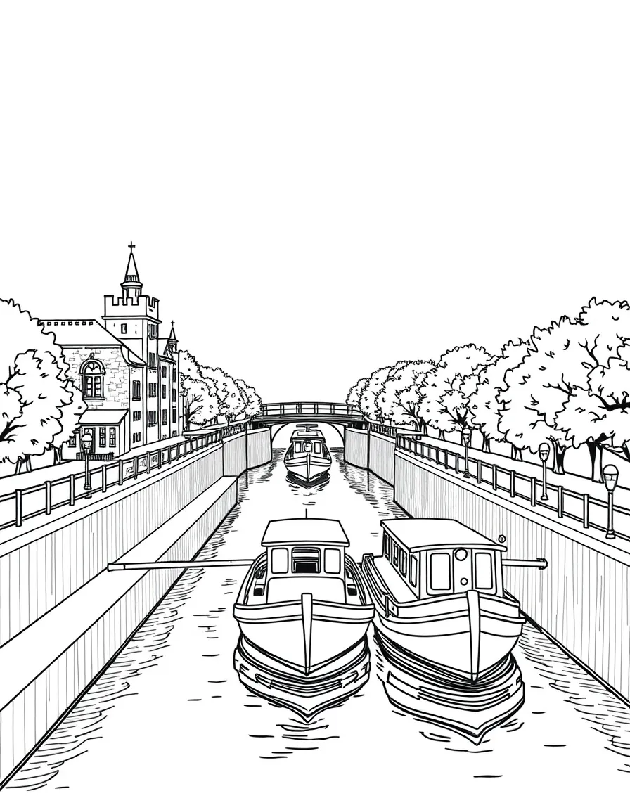 River locks with boats passing through