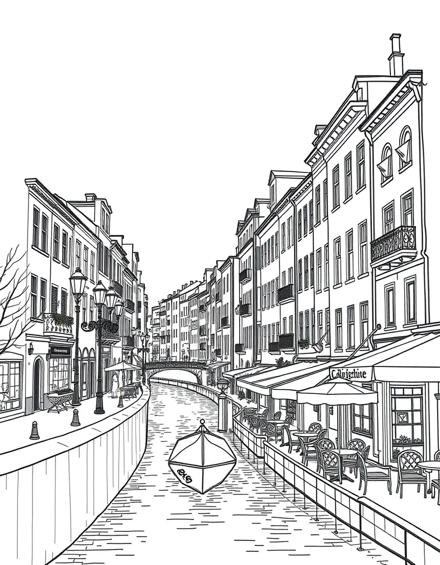 City riverwalk with shops and cafes