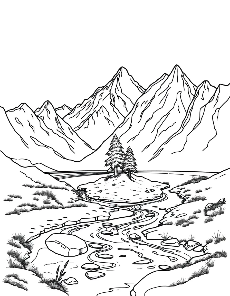 Mountain river with tiny island and single tree