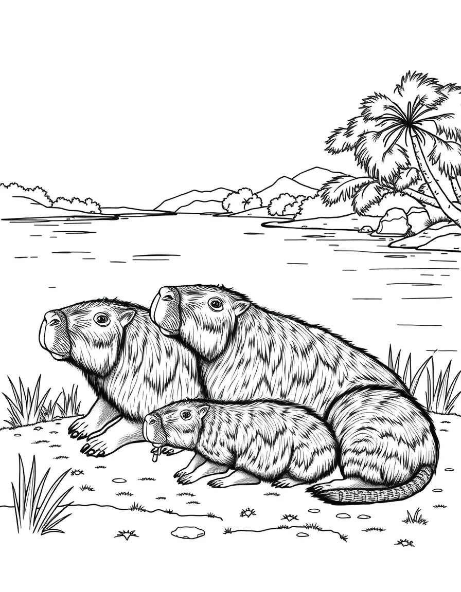 Capybara family resting by South American river
