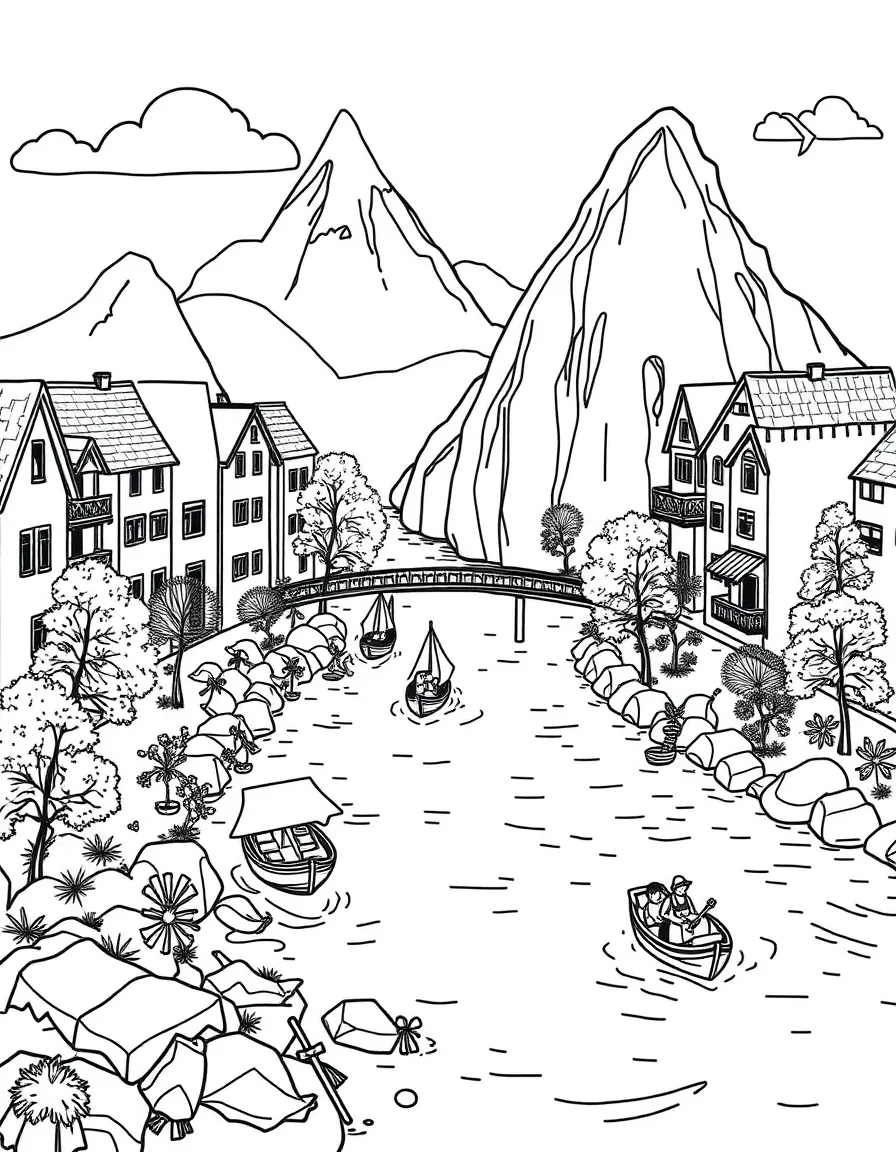 Miniature river world with tiny boats and people