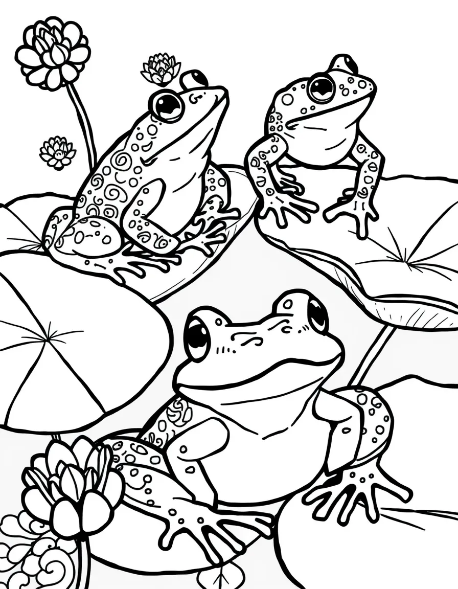 River frogs on lily pads with detailed patterns