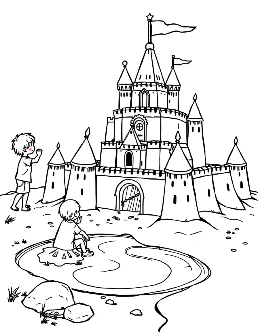 Children building elaborate sand castle with moat
