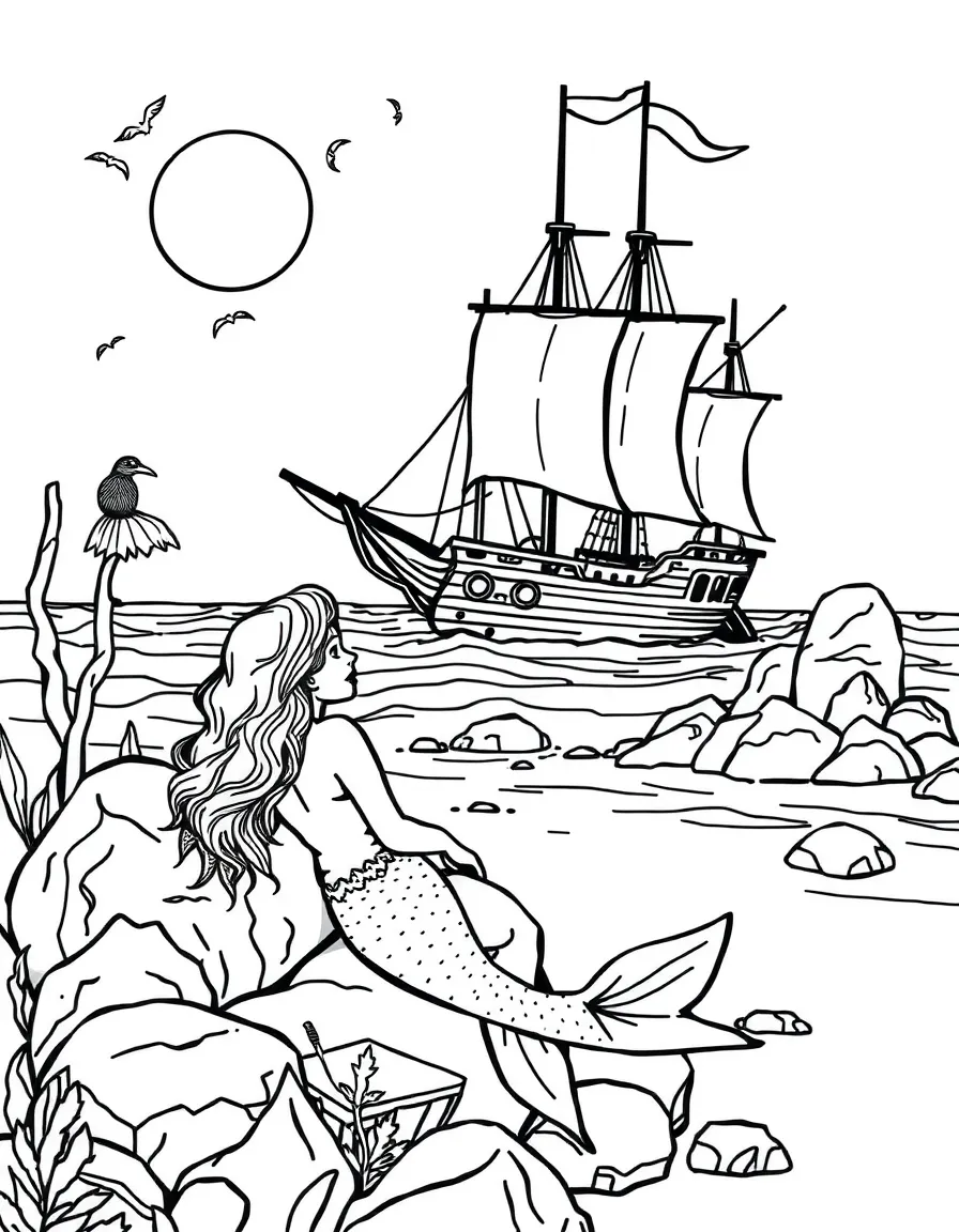 Mermaid resting on shore rocks watching ships