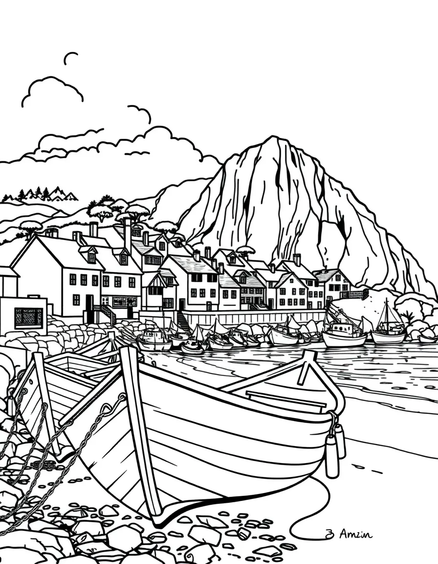 Coastal village with fishing boats pulled onto beach