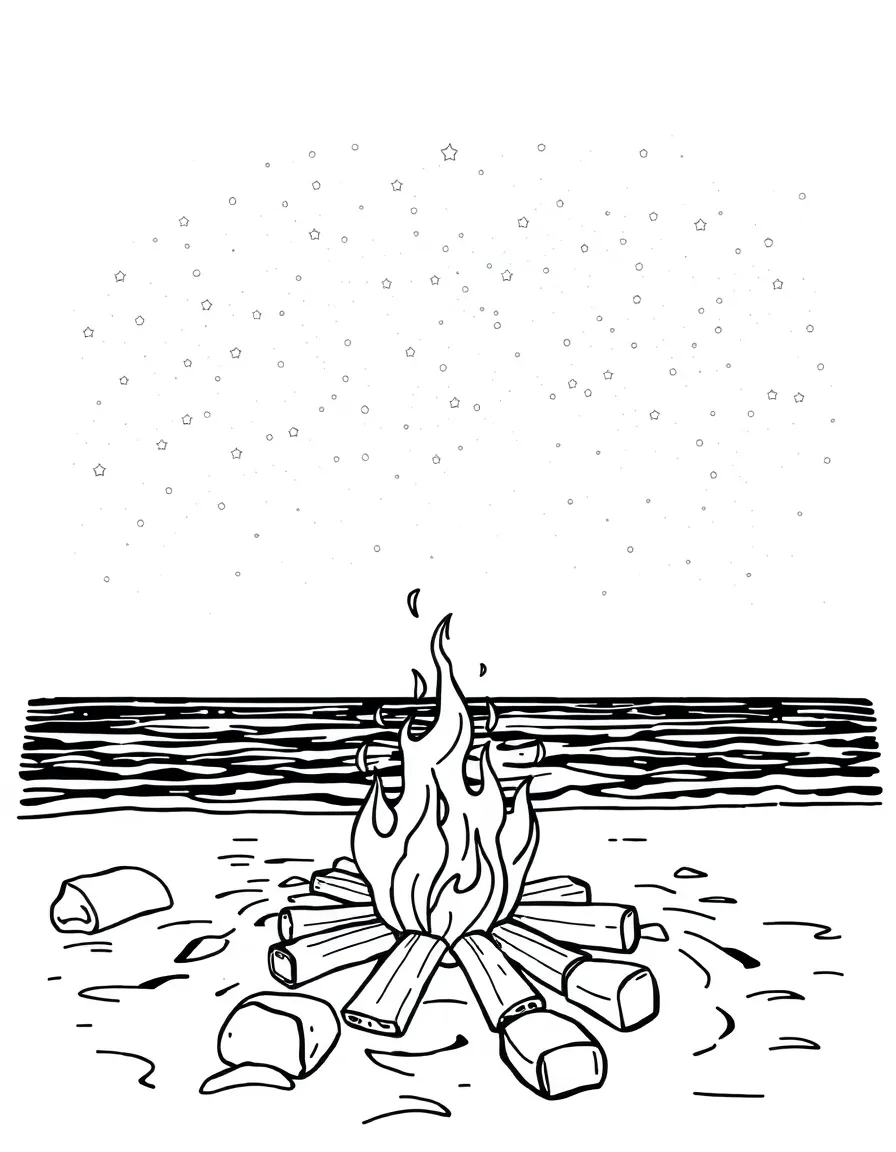 Beach bonfire under night sky with stars