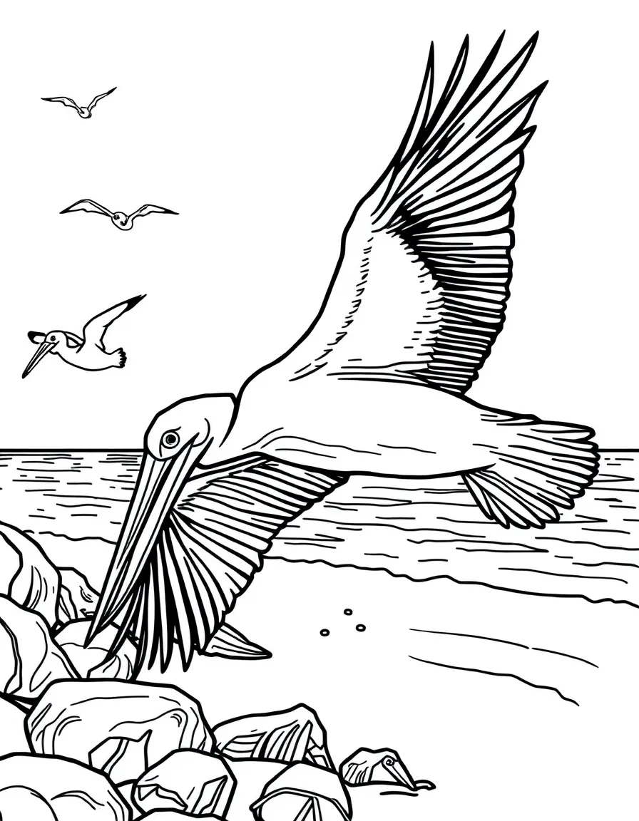 Pelicans diving for fish near beach