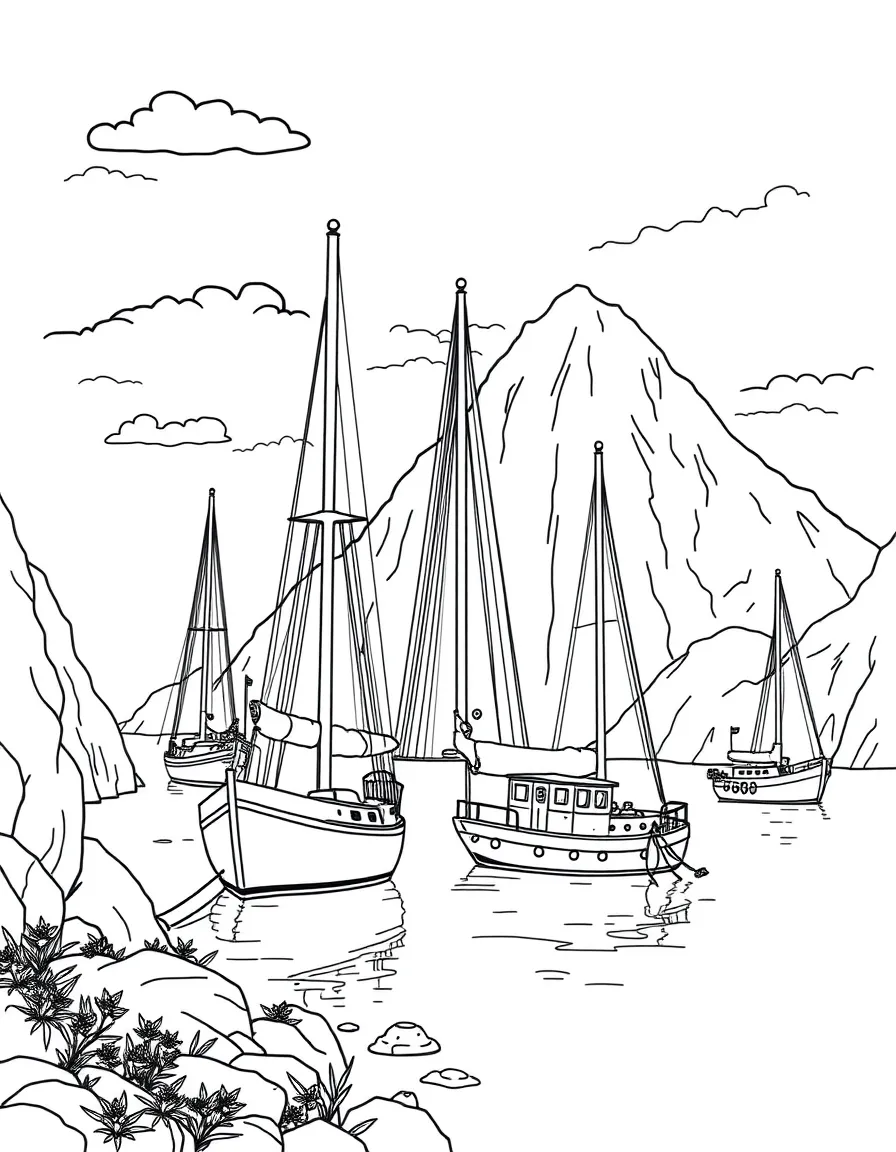 Sailing ships anchored in protected cove