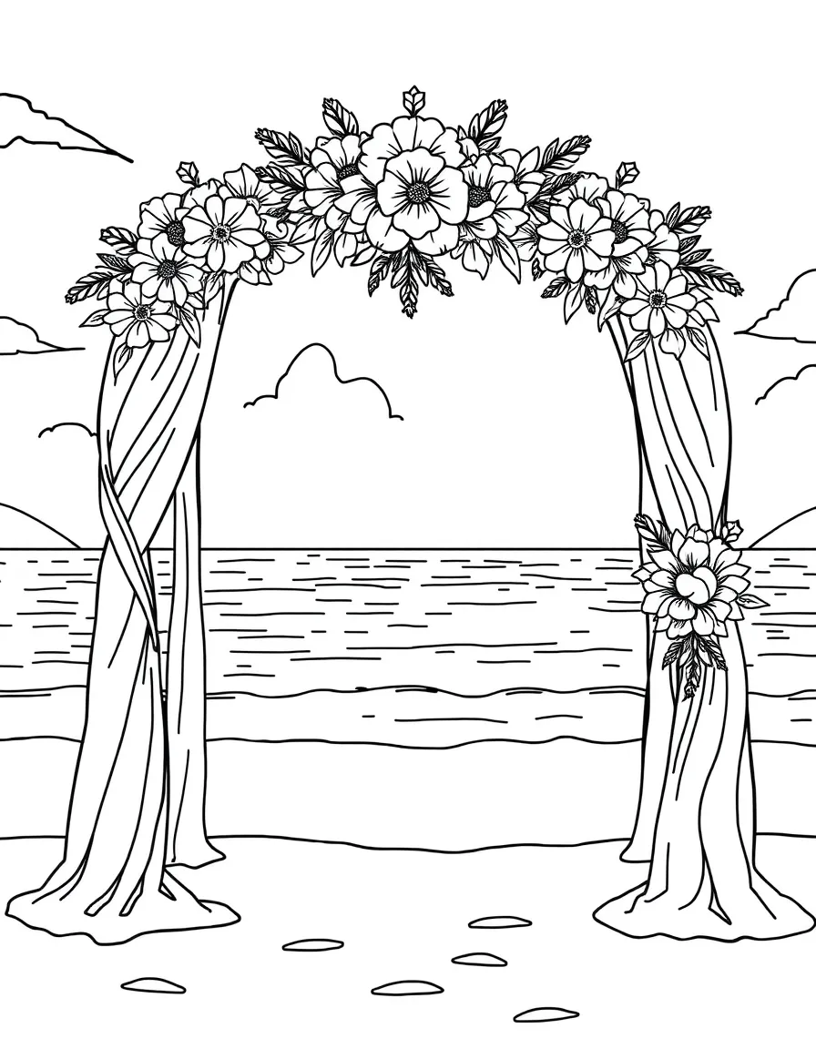 Beach wedding with flower-decorated arch