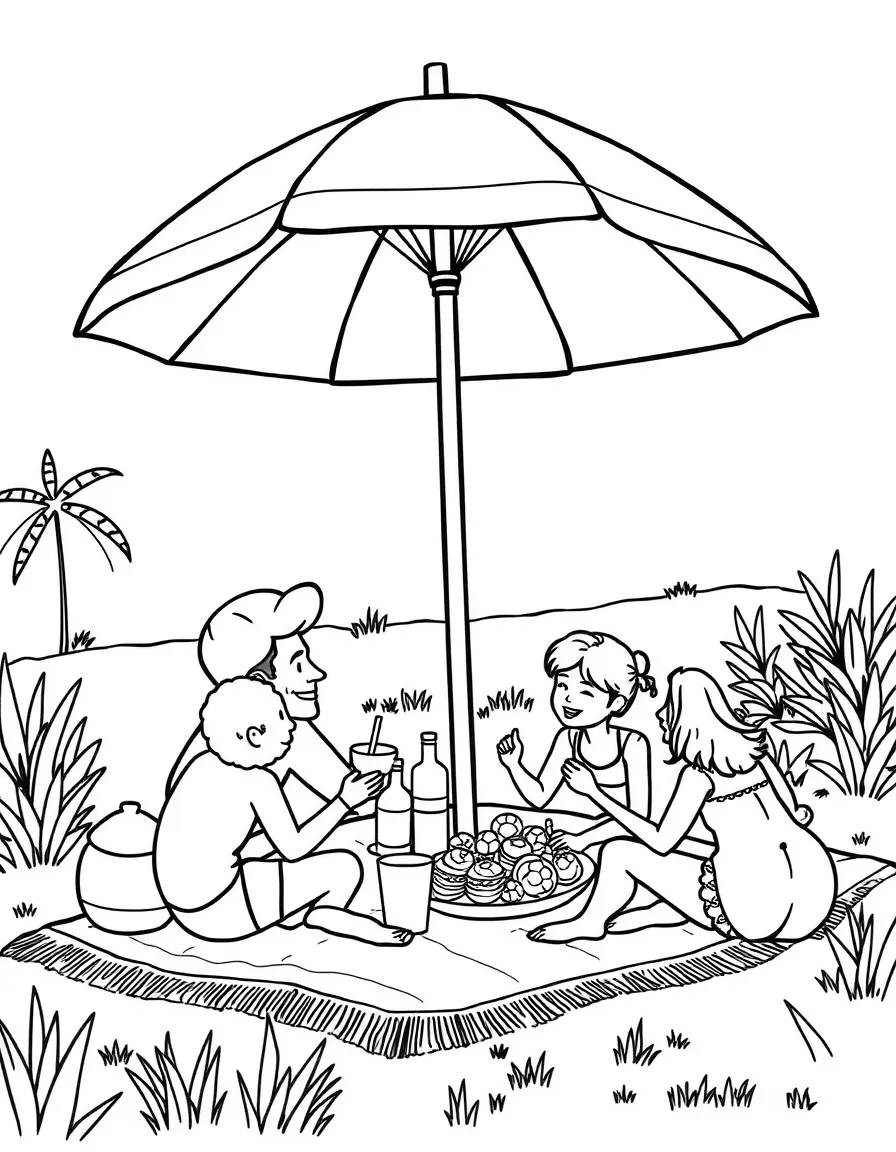 Family picnic under beach umbrella