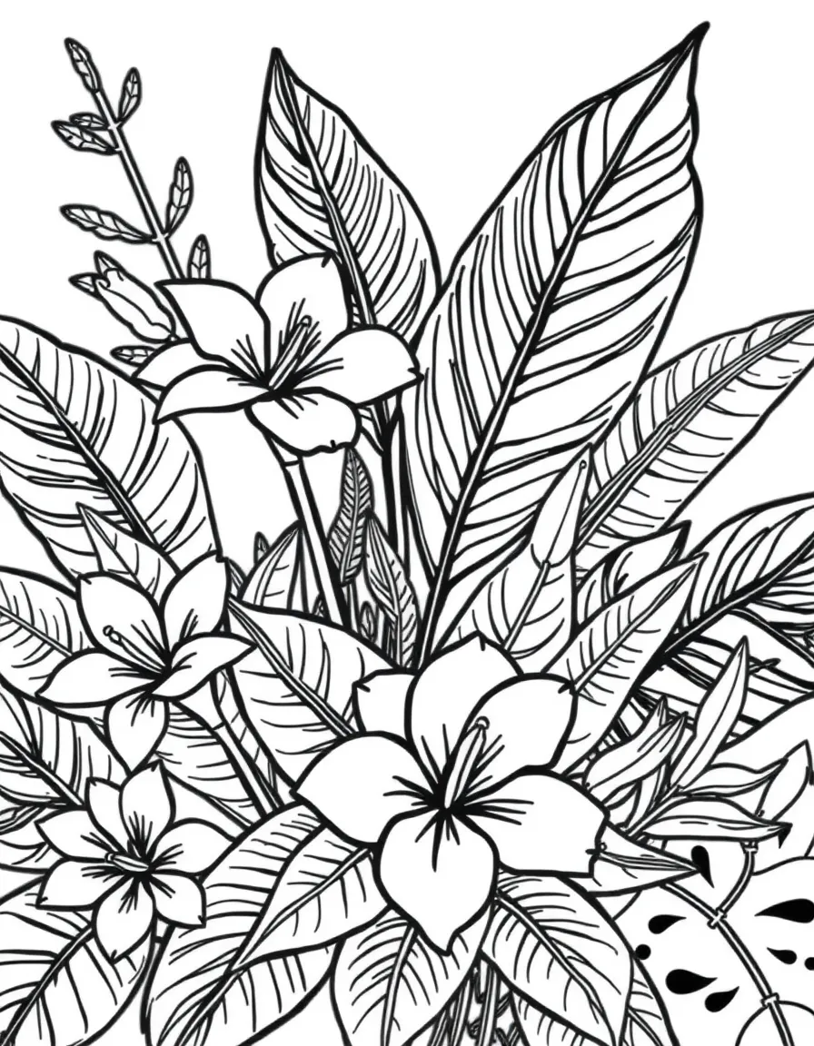 Beach foliage with detailed tropical flowers