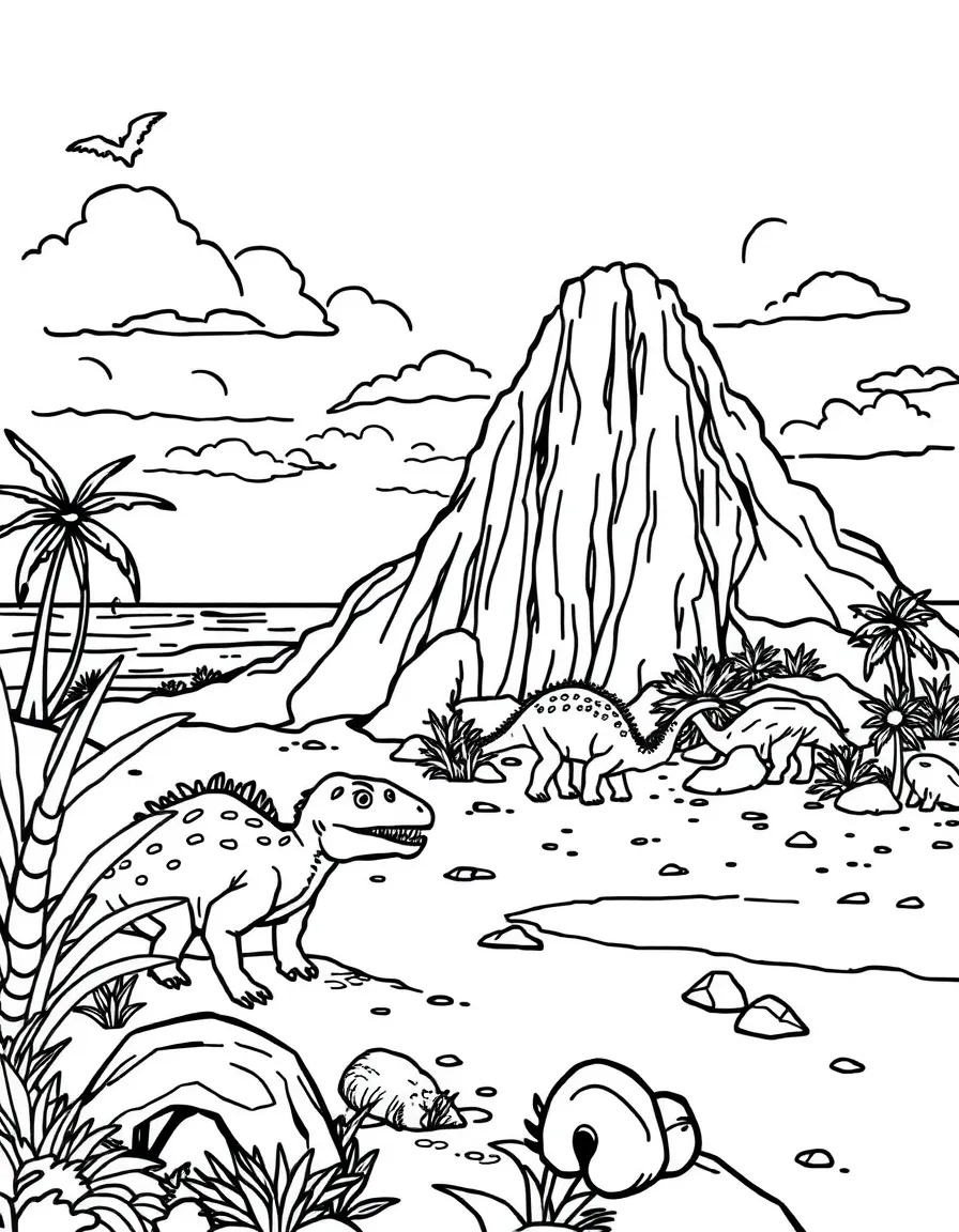 Prehistoric beachside scene with dinosaurs