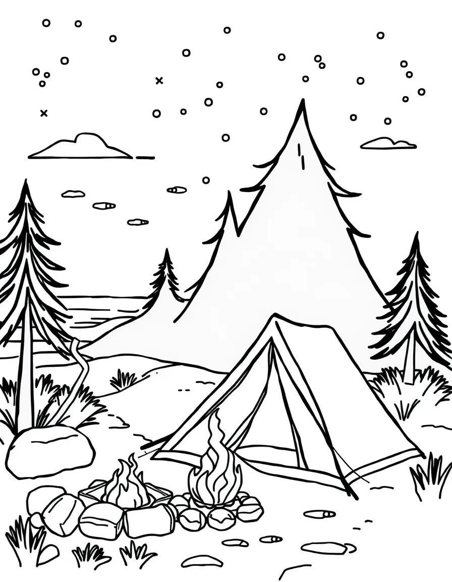 Beachside campsite with tent and fire
