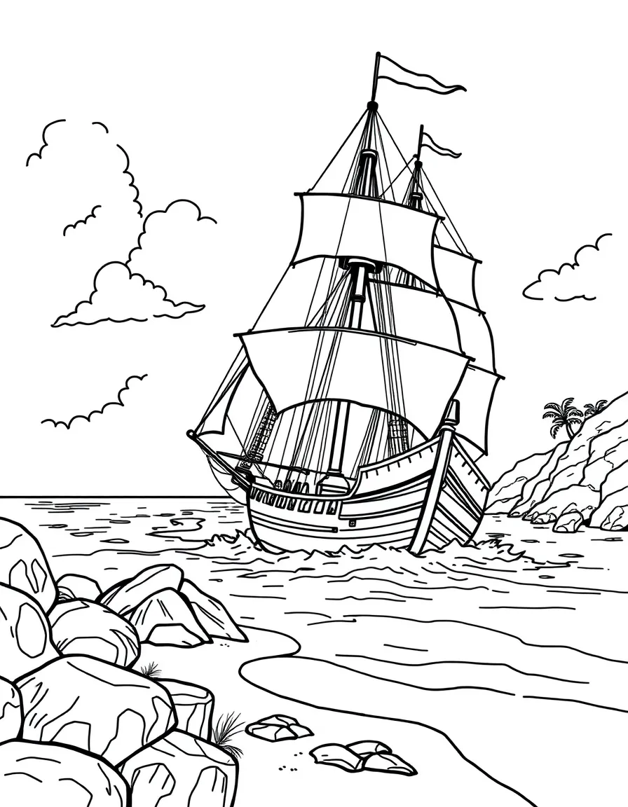 Historic sailing ship approaching beach