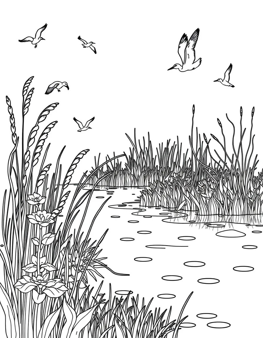 Coastal wetlands with birds and plants