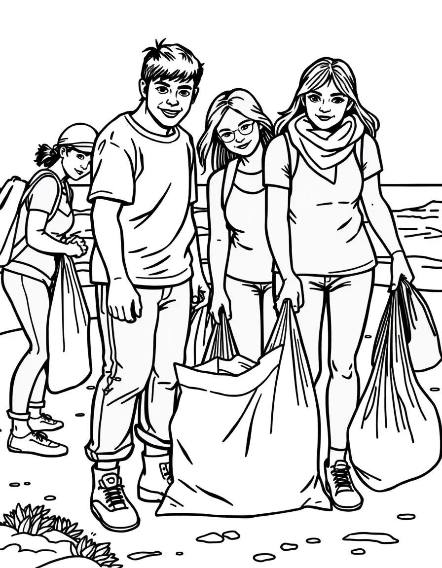 Beach cleanup volunteers with collection bags