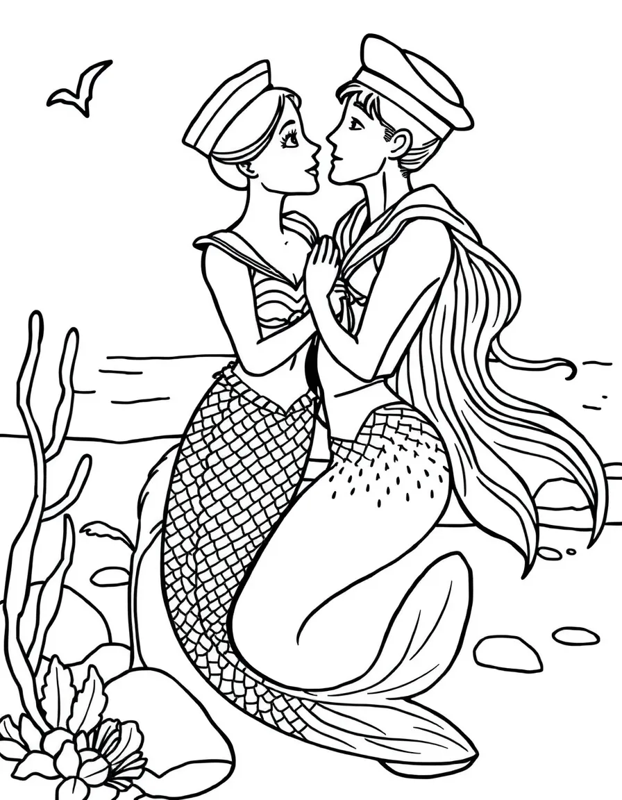 Mermaid and sailor love story on beach