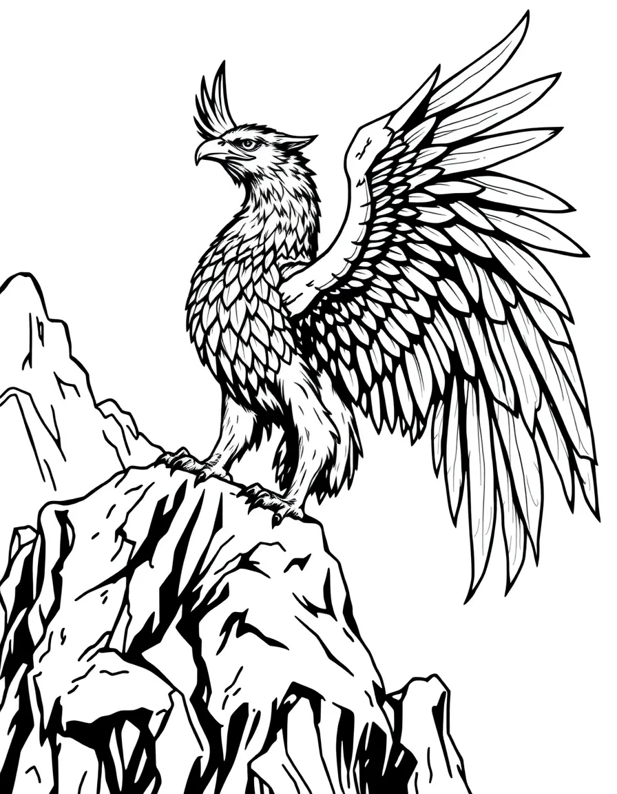 A majestic griffin perched on a rocky mountain cliff, wings spread wide