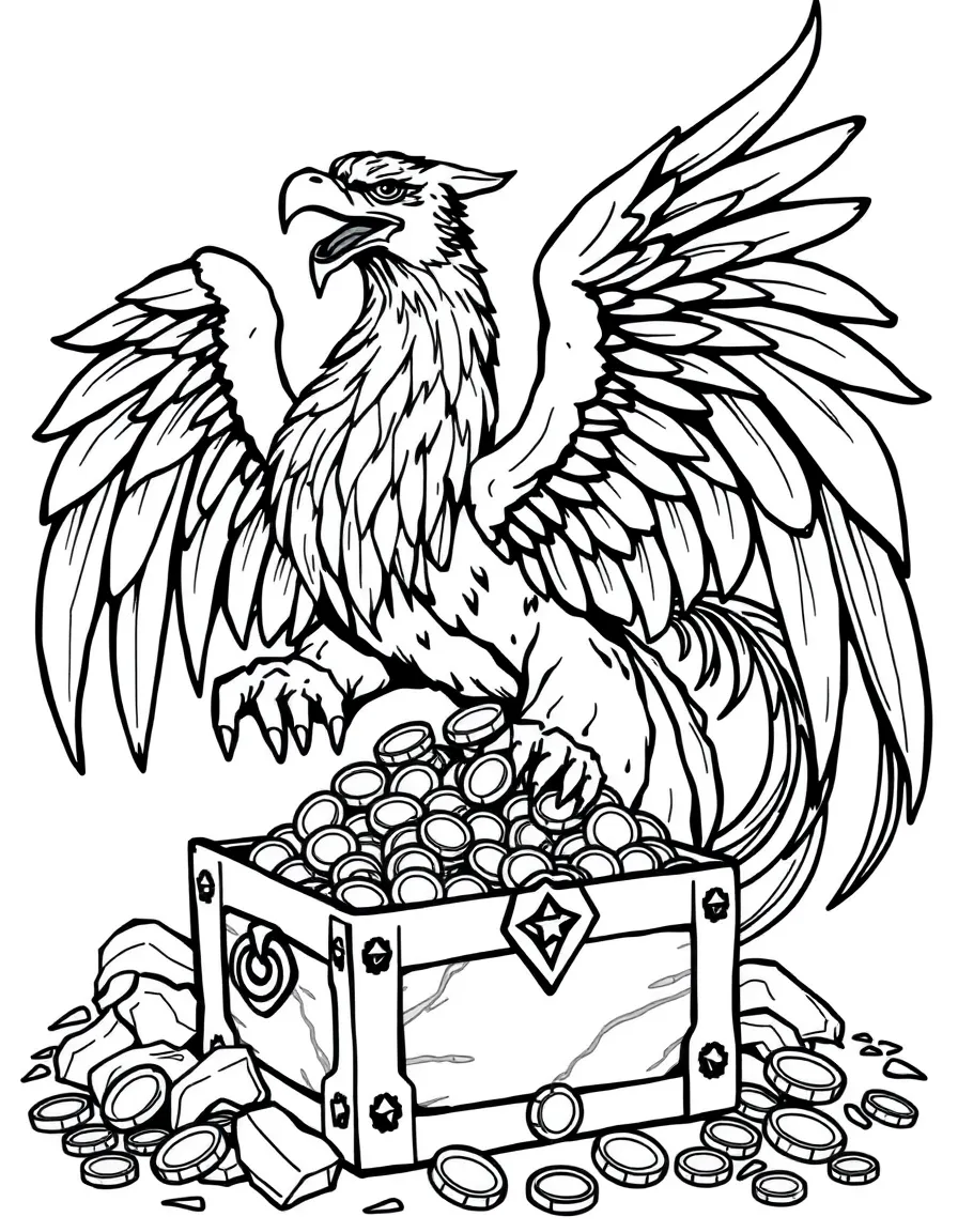 A griffin guarding a treasure chest filled with gold coins and jewels