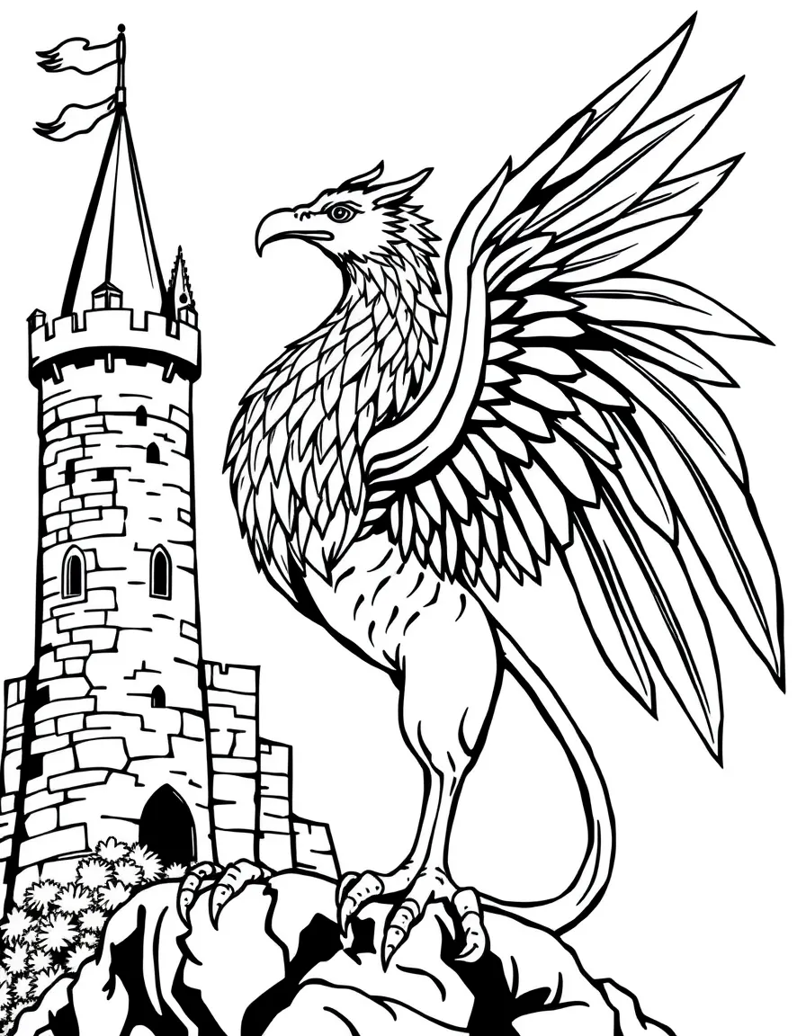 A griffin standing proudly beside a medieval castle tower