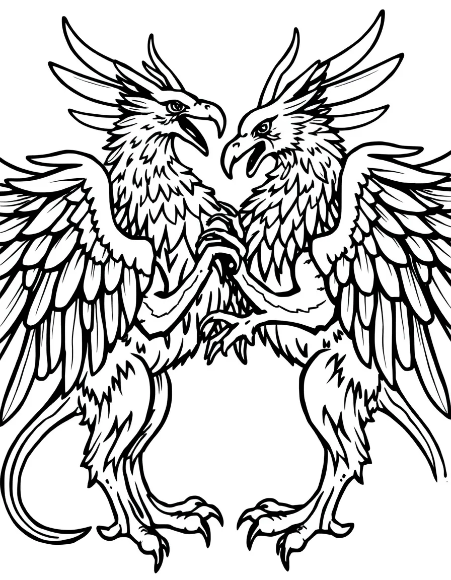 Two griffins facing each other in a heraldic pose