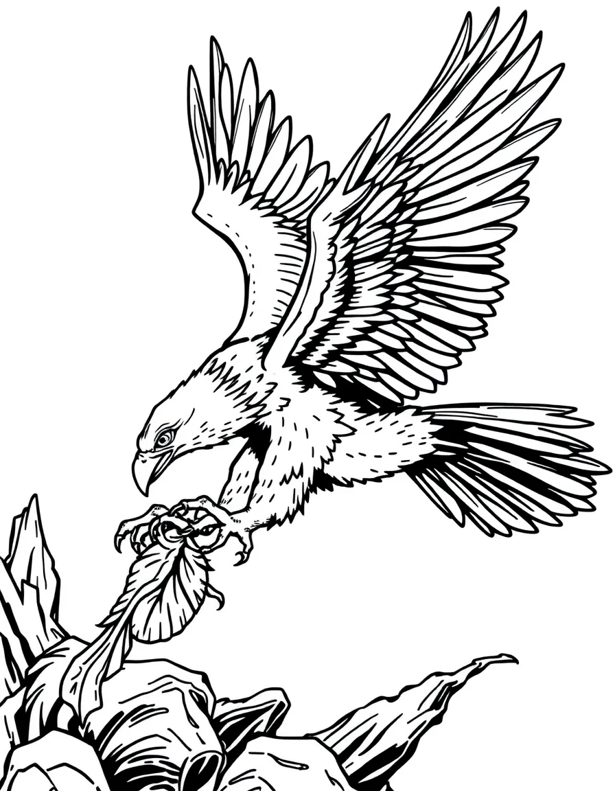 A griffin in mid-flight catching prey with its eagle talons