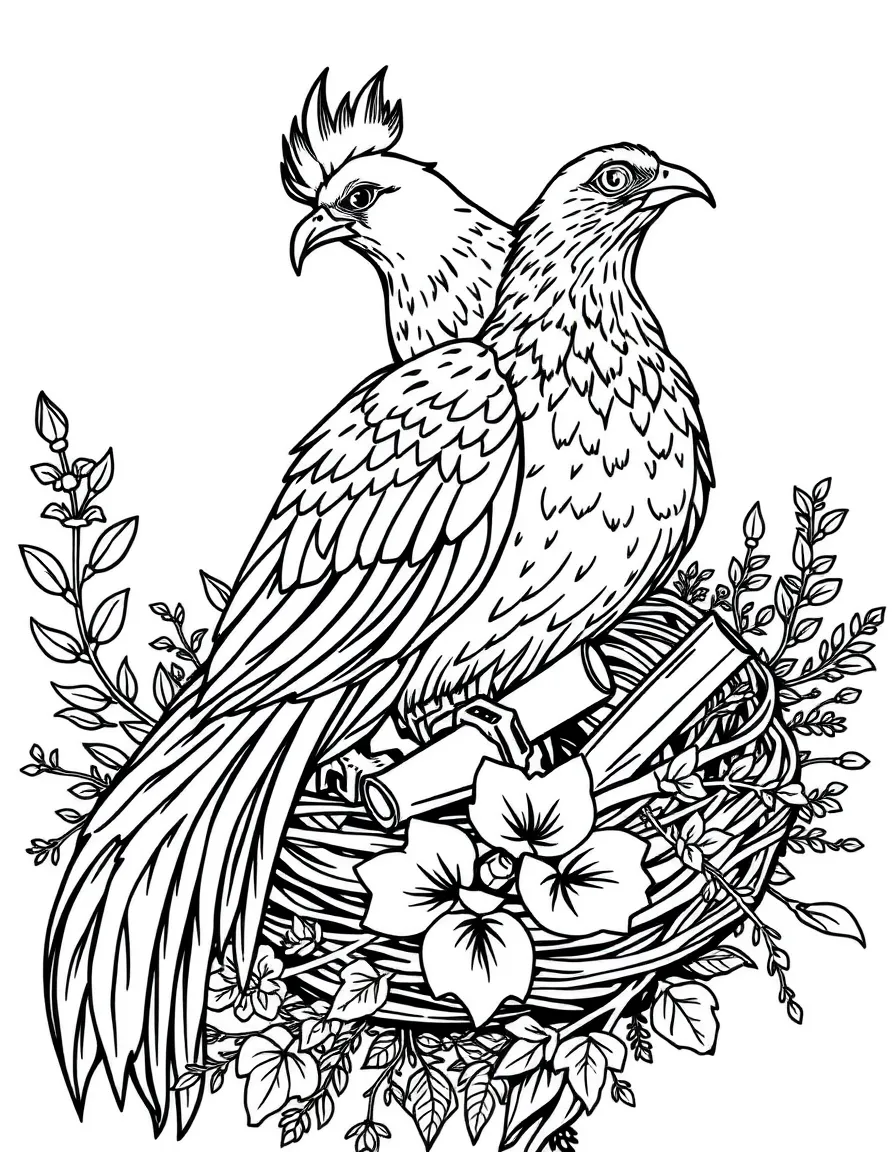 A phoenix roosting in a nest made of cinnamon and herbs