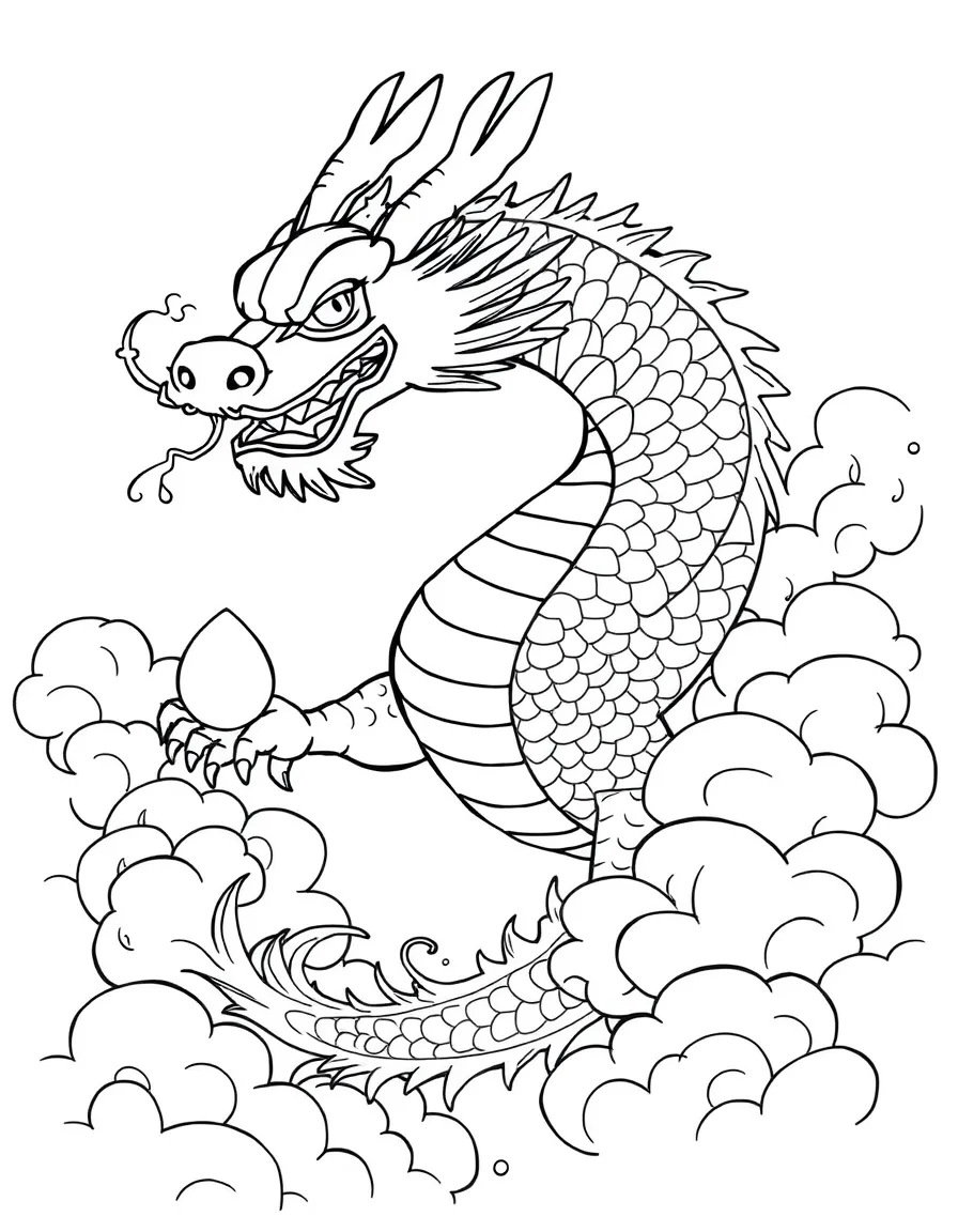 A Chinese dragon flying through clouds with a pearl in its claw