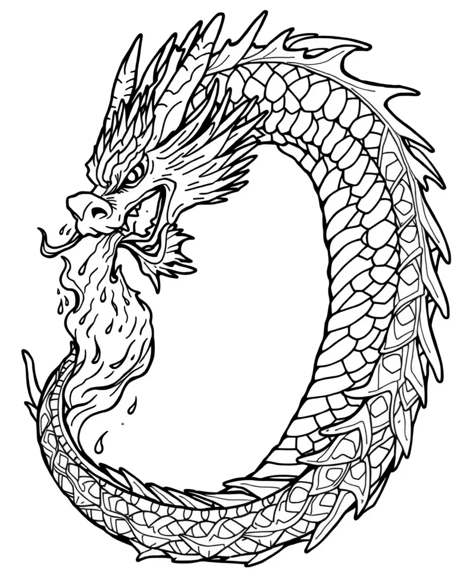 A dragon breathing fire in an elaborate spiral pattern