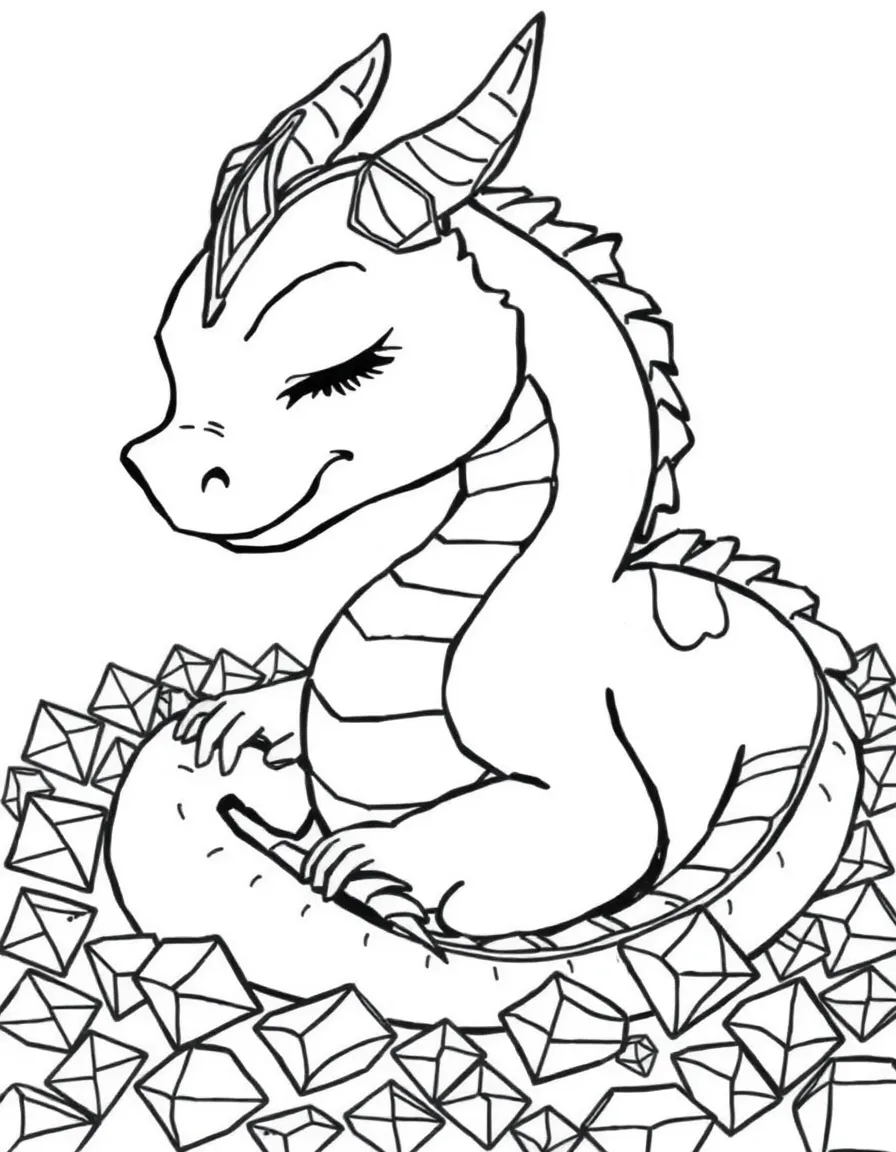 A dragon with closed eyes sleeping on a bed of diamonds
