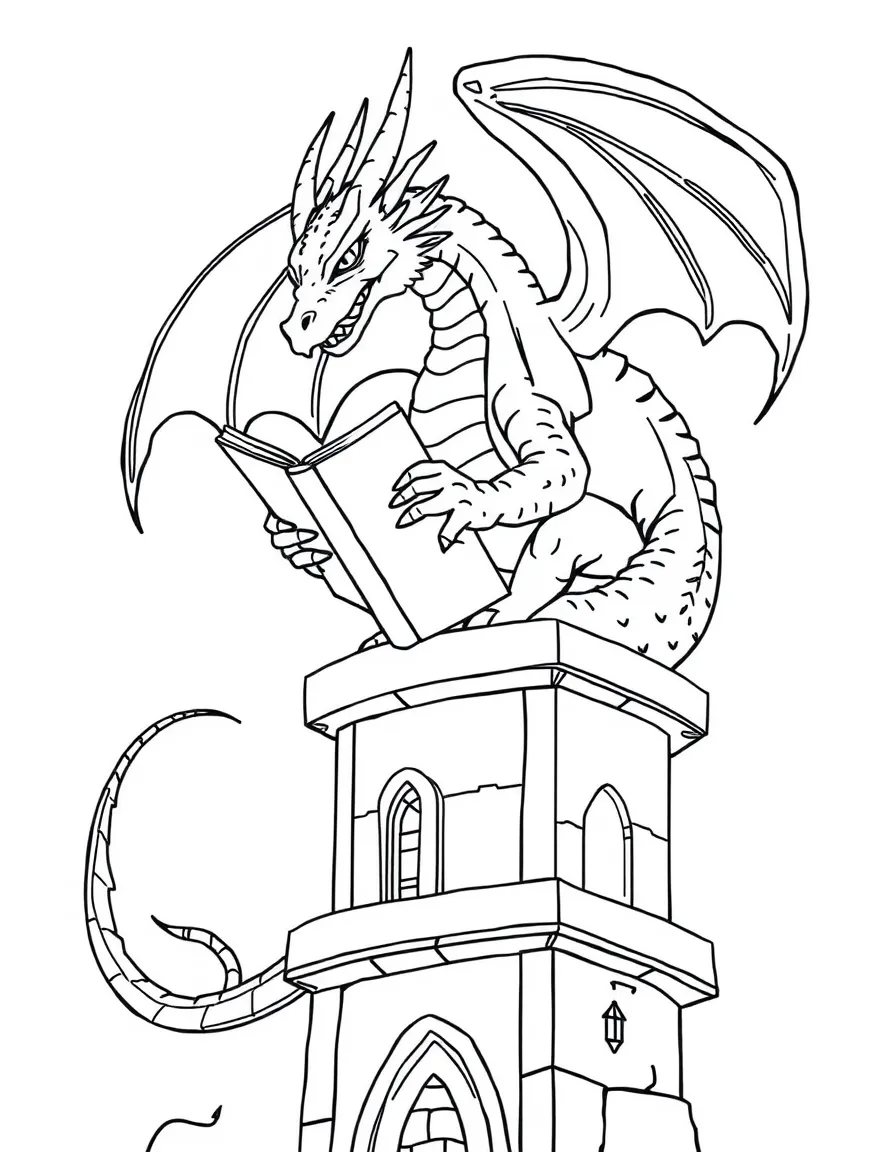 A dragon perched on a library tower, reading a giant book